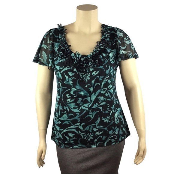 Elle Top Size 0X Multicolor Print Short Sleeve Lined Career Blouse - Picture 1 of 7